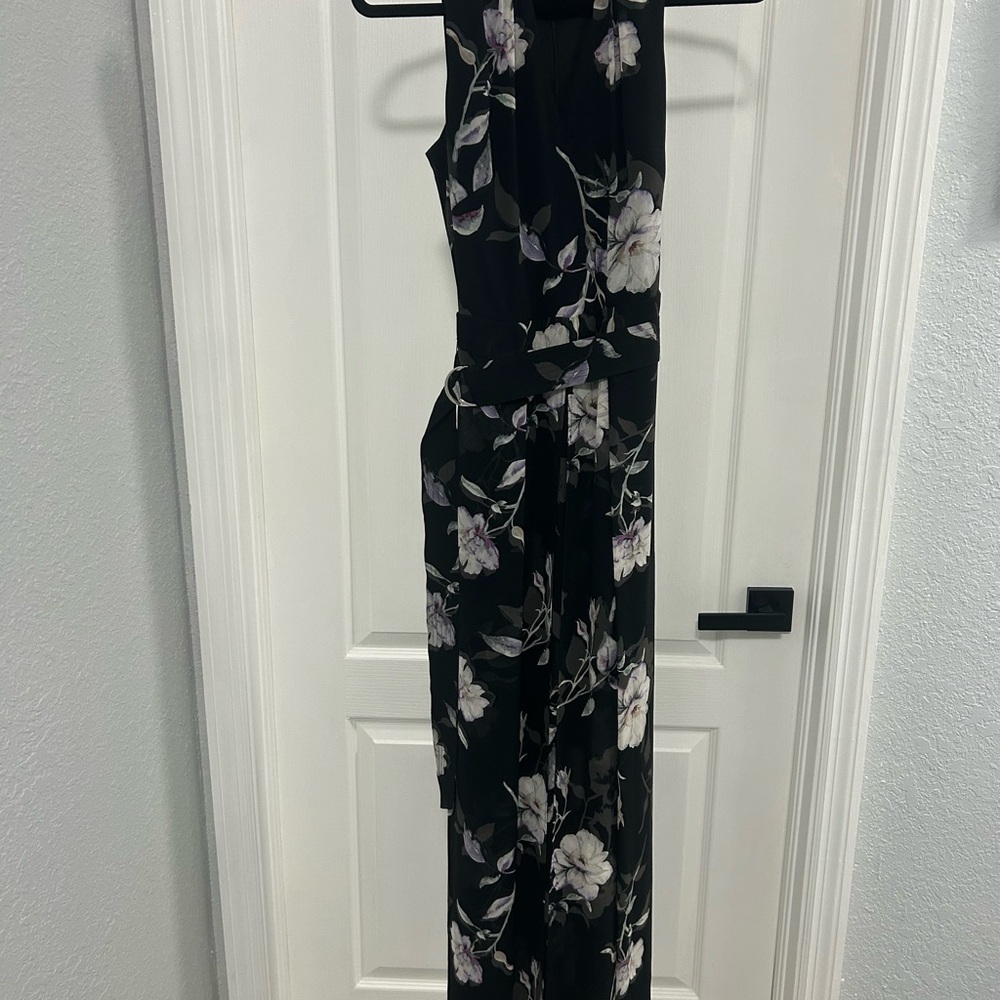 White House Black Market Black Floral Wide Leg Jumpsuit